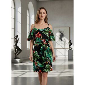 NY & Co New York And Company Belted Tropical Cold Shoulder Summer Dress L 12 NWT